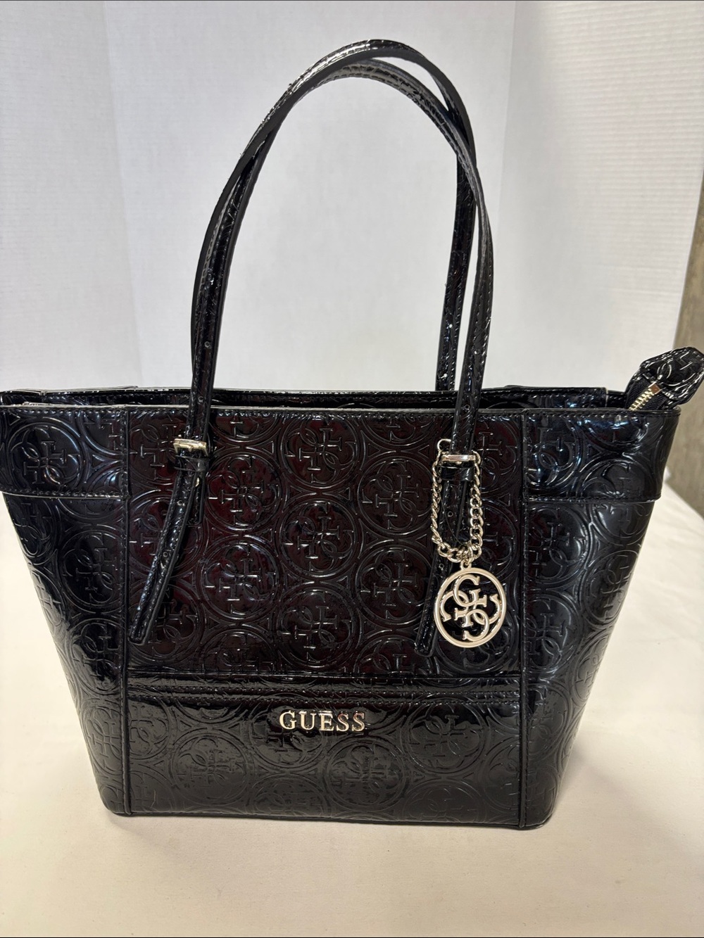 Vintage GUESS Black Patent Embossed Tote with Silver Charm